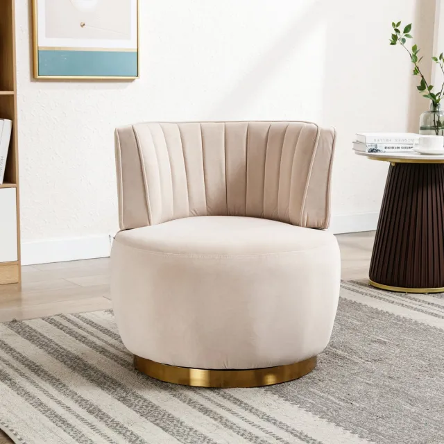 COVREO Fauteuil 62,5x62x69,5 cm – beige velvet, 360 graden draaibaar, houten en metalen onderstel