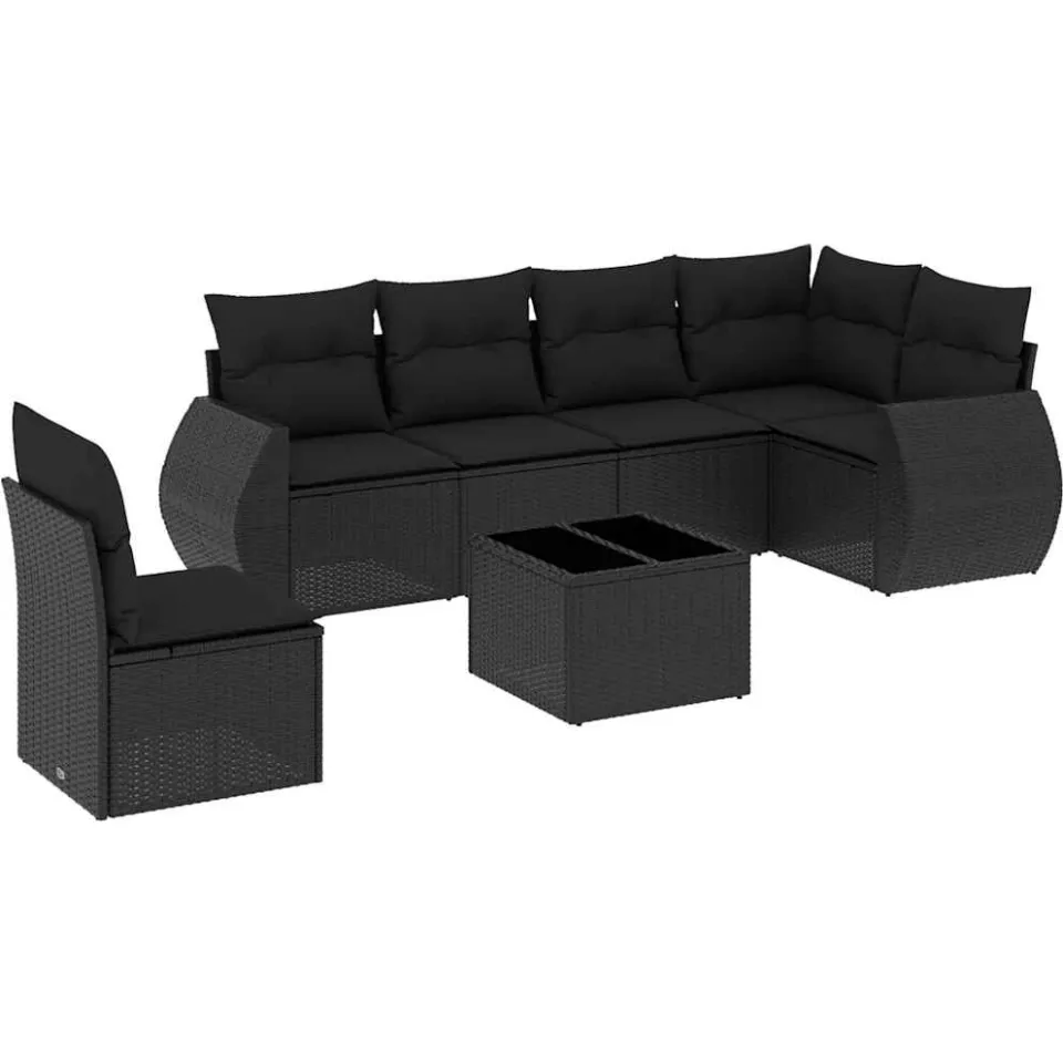 vidaXL 7-delige Loungeset met kussens poly rattan zwart, foto 3
