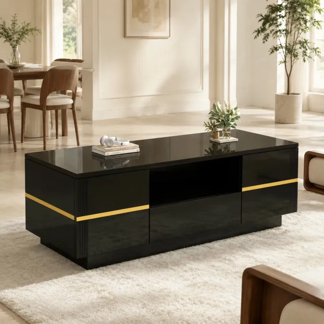 HAUSS SPOLE Salontafel - Hoogglans Tafelblad Met Lade En Twee Deuren - Voor Woonkamer En Werkkamer - MDF - 100x50x35,5 Cm - Zwart Met Gouden Accenten