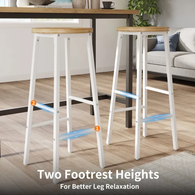 MIVRAY Barkruk 70 cm - Set van 2 Met Houtlook Zitting en Verstelbare Voeten - Voor Keukeneiland en Bar - MDF Metaal Wit