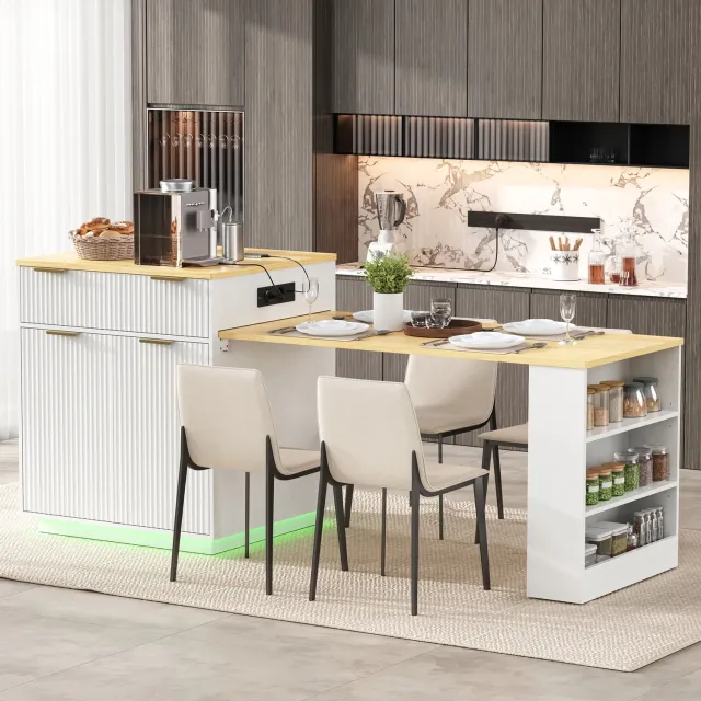 HAUSS SPOLE Uitbreidbare Eettafel - Keuken Eiland Met Ledverlichting, Stopcontacten, Laden En Verstelbare Legplanken - Mdf - Wit - 127,5-205 X 67 X 92 Cm