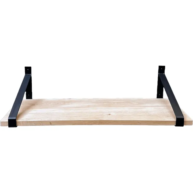 GoudmetHout Wandplank Industrieel - 80 x 40 cm Muurplank - Eiken Hout - Decoratie Wandrek & Boekenrek - Hangplank Keuken - Wall Shelf + 2 Mat Zwarte Plankdragers van Staal Licht eiken, Mat zwart