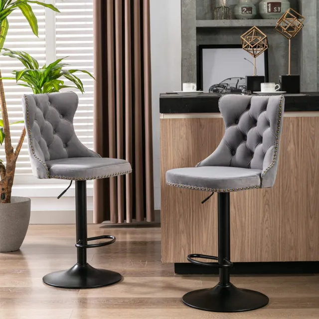 Welltin Barkrukken Set van 2 - Fluwelen Bekleding - 360° Draaibaar - In Hoogte Verstelbare Zitting - Chroomkleurige Voet - Comfortabele Rugleuning - Getufte Zitting - Barstoelen voor Keuken - Lichtgrijs