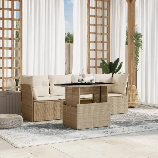vidaXL 5-delige Loungeset met kussens poly rattan beige, foto 2