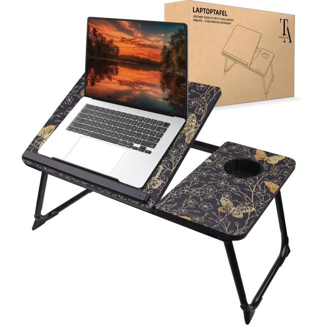TrueLogic Alpha Bedtafel - Laptoptafel - Laptop standaard - Voor laptops t/m 17 inch - Ontbijttafel - Ontbijt op bed - Butterfly Dream Marineblauw & Goud