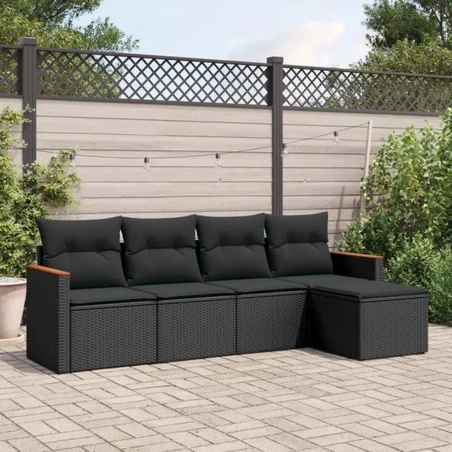 vidaXL 5-delige Loungeset met kussens poly rattan zwart, foto 2