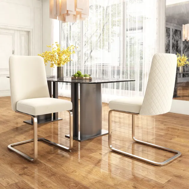 Zubaliya Eetkamerstoel 2 Stuks - Velvet Stoel Met Diamant Rugleuning En Metalen Poten Beige