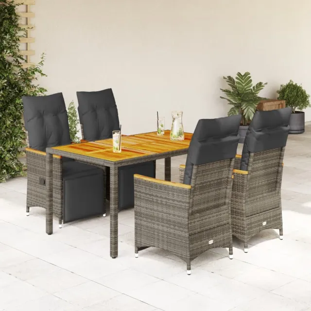 vidaXL 5-delige Bistroset met kussens poly rattan grijs, foto 2
