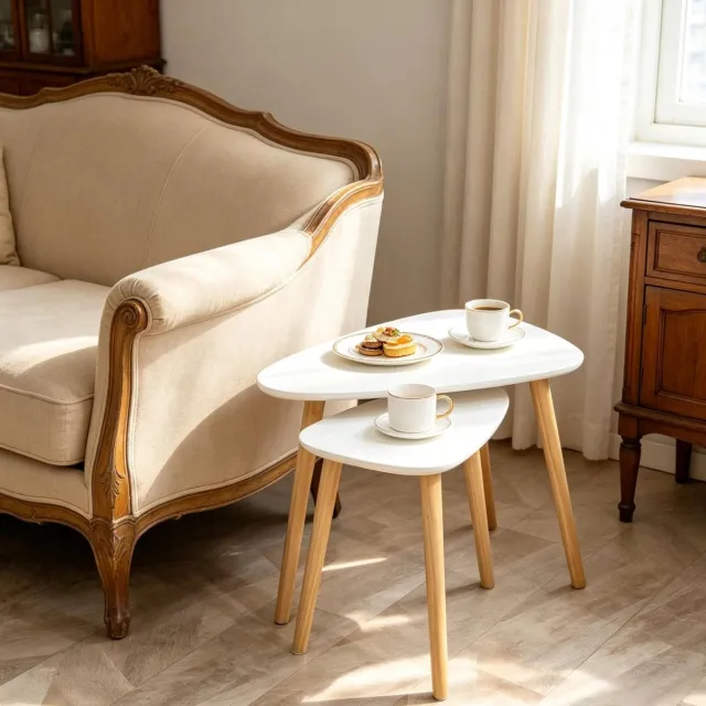 OKWISH Salontafelset - 2 Delig - Scandinavisch Design - Nesting Tafels Met Driehoekig Tafelblad - Wit Naturel - MDF - 59,5 X 39,5 X 45 Cm Wit,Naturel