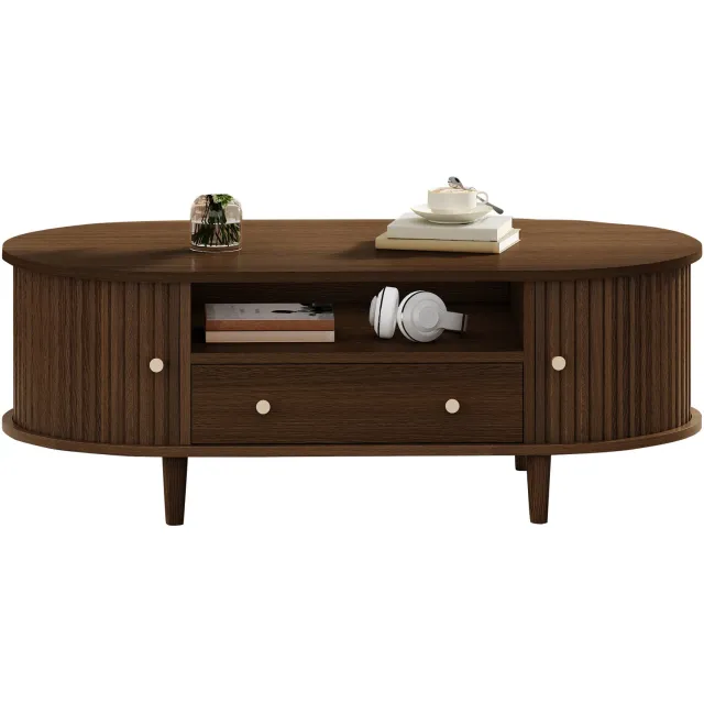 CHICFURN Salontafel - Opbergruimte - Ovaal - Walnootkleur