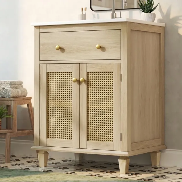 FloraGrace Badkamer Wastafelonderkast - 61 Cm - Rotan Deuren Met Klaplade En Verstelbare Plank - Keramische Wastafel - Naturel Hout - 61x47x87 Cm Natural Wood