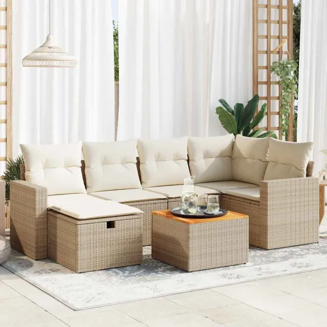 vidaXL 7-delige Loungeset met kussens poly rattan beige, foto 2