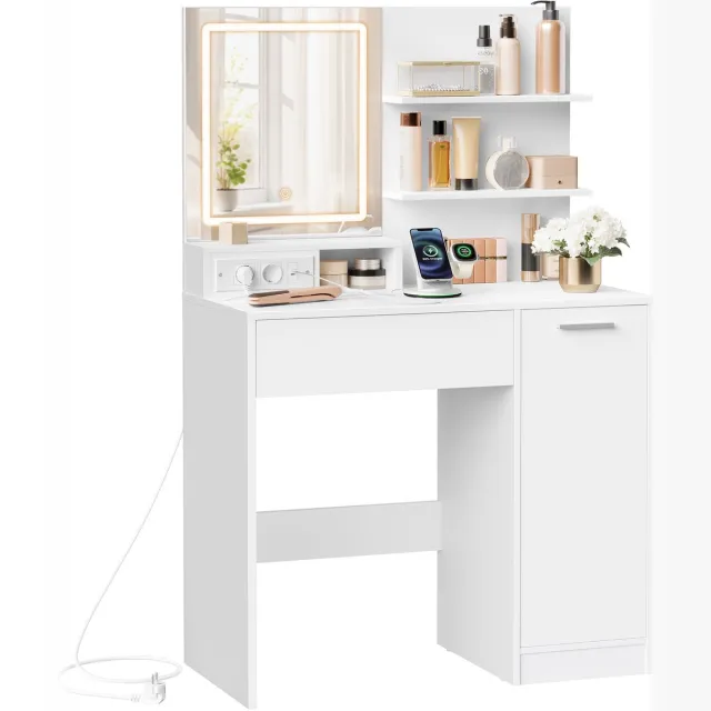 Vasagle Kaptafel - Kaptafel met LED-Spiegel - Stopcontact - Lade en Open Vakken - Kast met Verstelbare Planken Wit