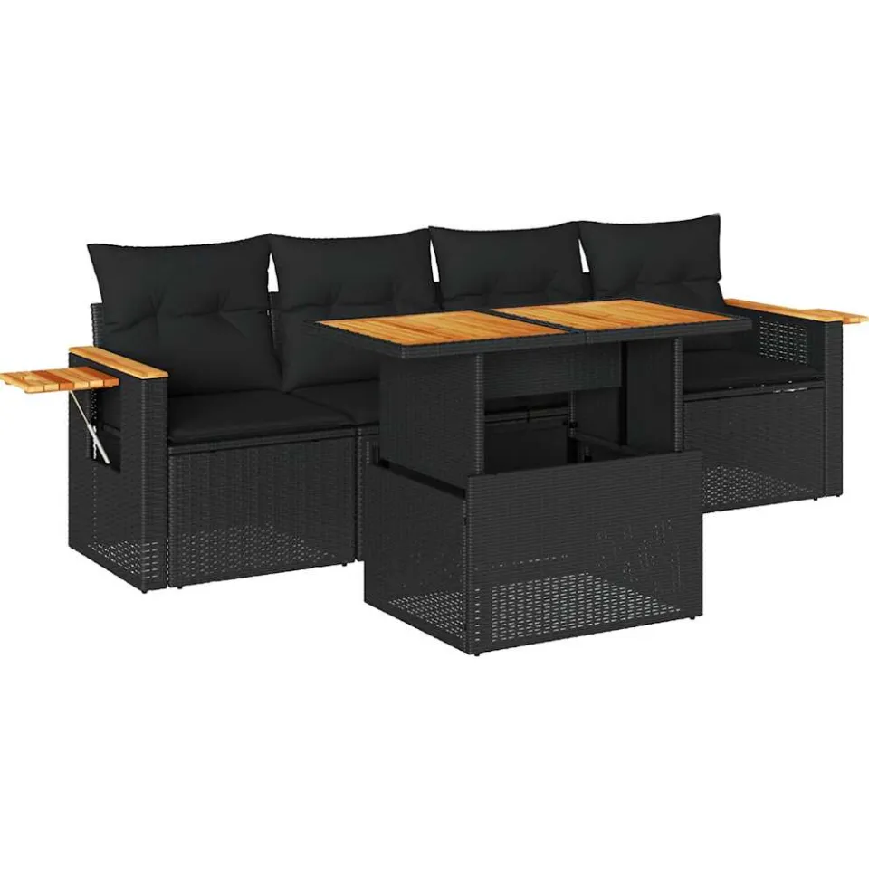 vidaXL 5-delige Loungeset met kussens poly rattan acacia zwart, foto 3