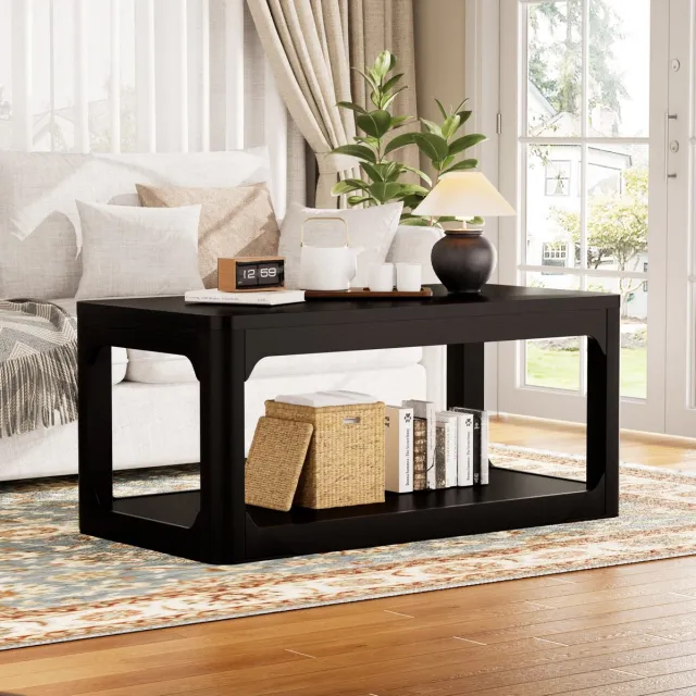 OKWISH Salontafel – 100 x 50 x 44,5 cm – 2 Open Opbergvakken – Modern Minimalistisch Voor Woonkamer En Slaapkamer – MDF Zwart