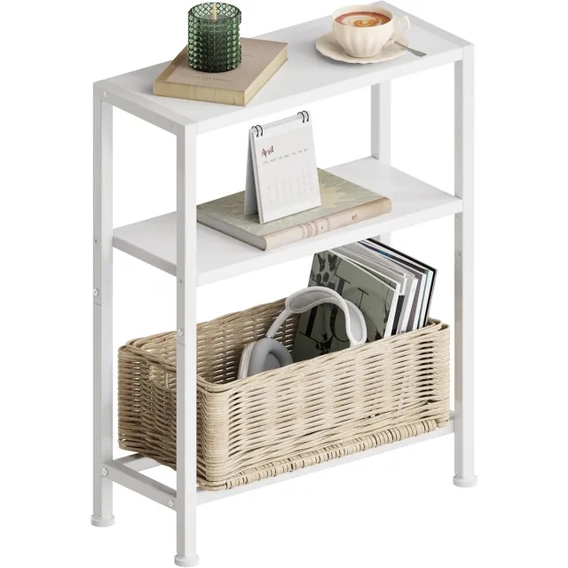 Vellaro Bijzettafel verstelbaar - Wit - 18 x 43 x 56,5 cm - Smal Nachtkastje met 3 Opbergvakken - Voor Kleine Ruimtes