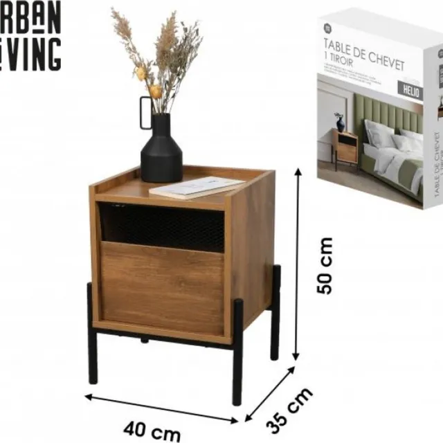 Urban Living "HELIO" NACHTKASTJE MET 1 LADE EN METALEN POTEN 40X35XH50CM hout