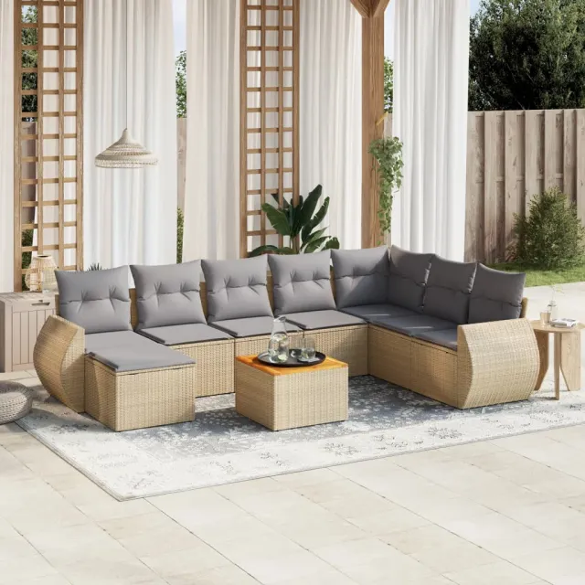 vidaXL 9-delige Loungeset met kussens poly rattan beige, foto 2