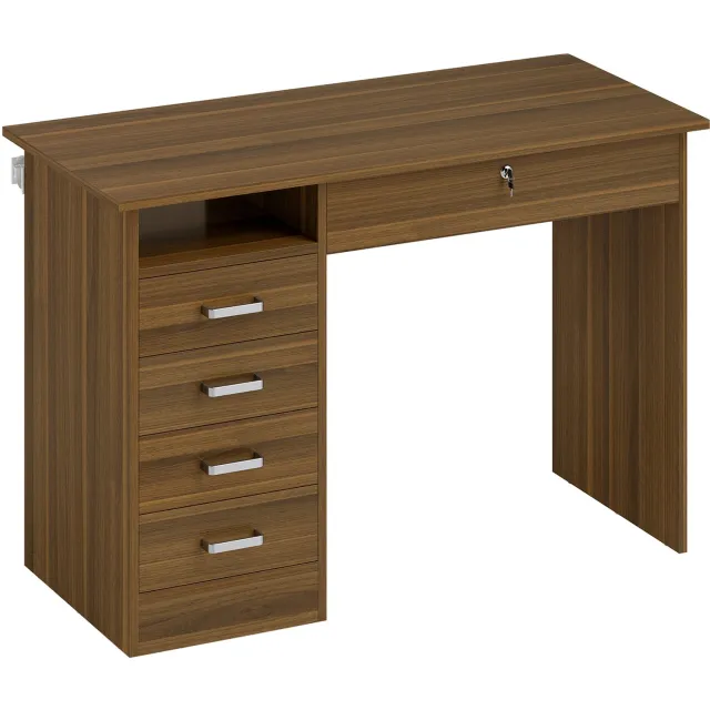 MUVANO Computerbureau met vijf lades - Afsluitbare lade - Open opbergvak - Melamine - 110 x 50 x 76 cm - Documenten opbergen - Voor thuiskantoor - Donker walnoot Bruin