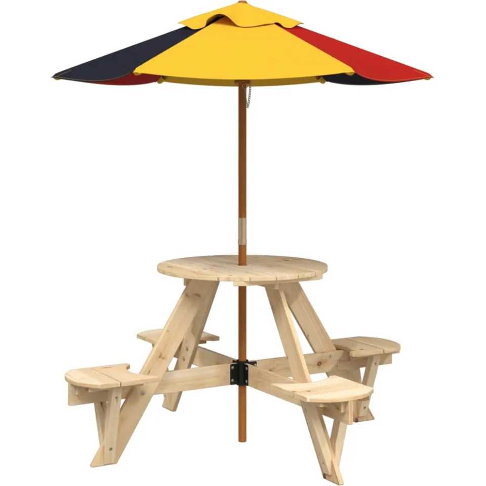 vidaXL Picknicktafel voor 4 kinderen met parasol rond vurenhout bruin, foto 3