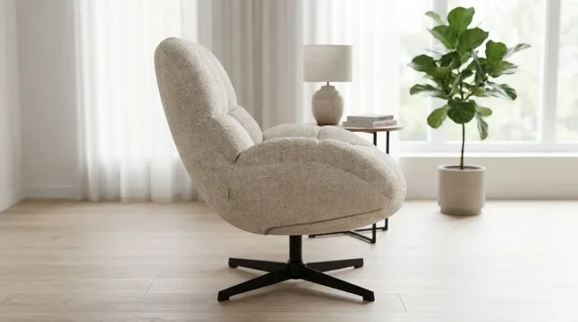 House&Garde Draaifauteuil Huxley Luxe Design Lounge Stoel 76x86x92 cm – Mushroom Elite Chenille – 360° Draaifauteuil Zwart Metaal Retro Design Comfort Stoel – House&Garden