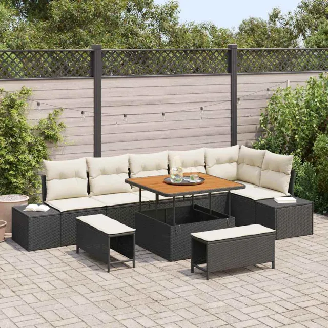 vidaXL Tuinbankenset 9 st Zwart poly rattan, foto 2