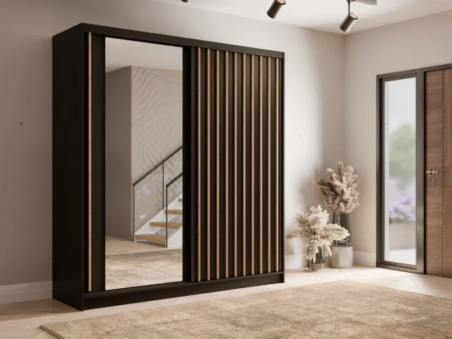 Promeubels Kledingkast Alicante - Zwart mat -Eiken - Met spiegel - 200cm x 215cm (B x H) - Garderobekast - Slaapkamer - Schuifdeur