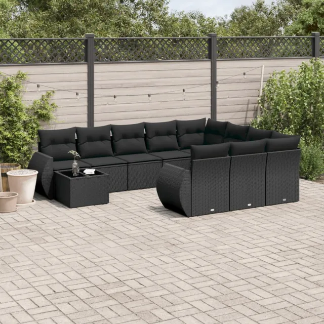 vidaXL 11-delige Loungeset met kussens poly rattan zwart, foto 2