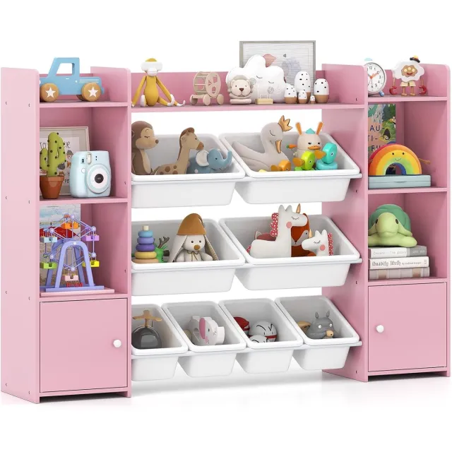 KOMFOTTEU Speelgoedopbergkast - 4-laags kinderboekenkast met 6 vakken en 8 uitneembare bakken - Speelgoedorganizer voor woonkamer of slaapkamer 142 x 30 x 100 cm Roze