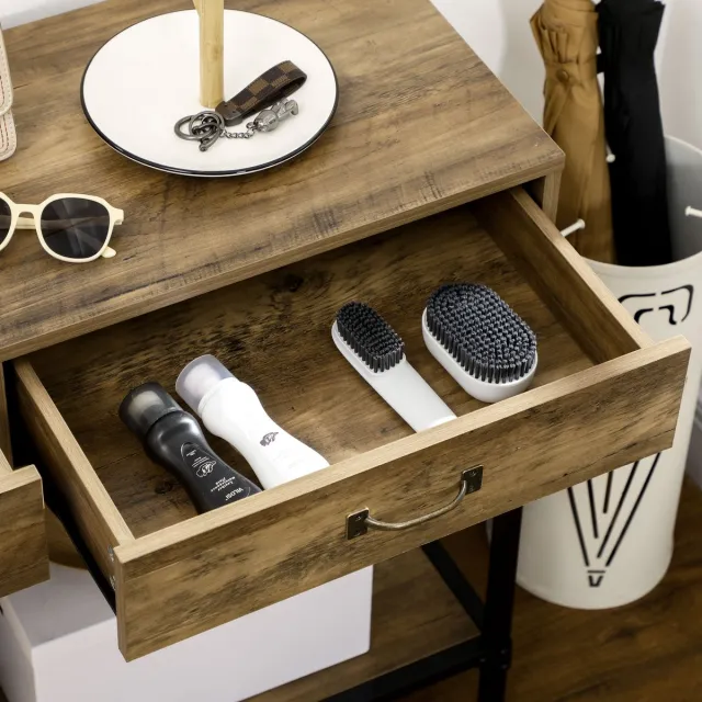 Wishdor Industrieel sidetable console met 2 lades en onderplank, bruin houtlook, zwart metalen frame, 100×35×76,5 cm