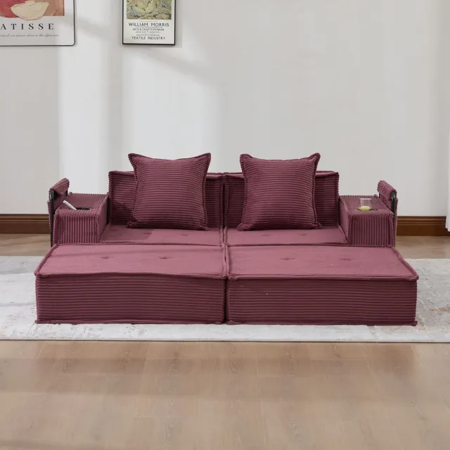 Welltin Slaapbank - Slaapbank - Zetelbed - 2-Zitsbank - Multifunctionele Corduroy Slaapbank - 2 persoons - Opvouwbaar - 2 Kussens - Armleuningen - Scandinavische stijl - Bordeauxrood