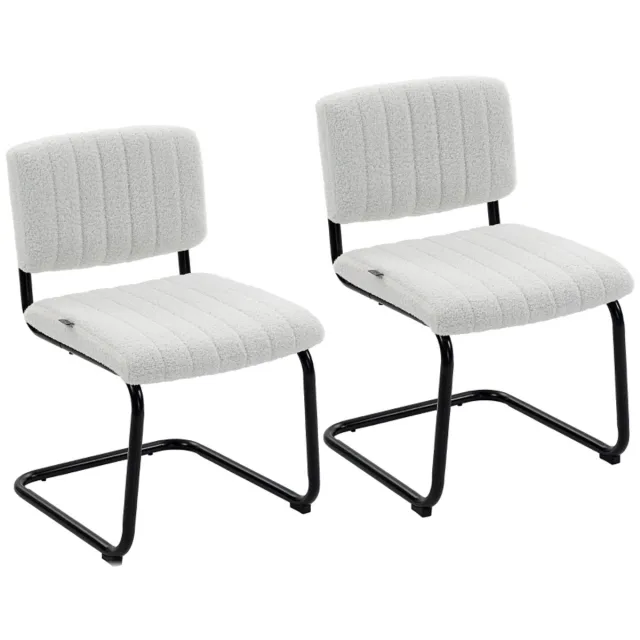 Clruro Eetkamerstoel Set van 2 - 48 x 55 x 76 cm - Vrijdragend met Hoge Rug - Teddyfleece/Staal - Crème