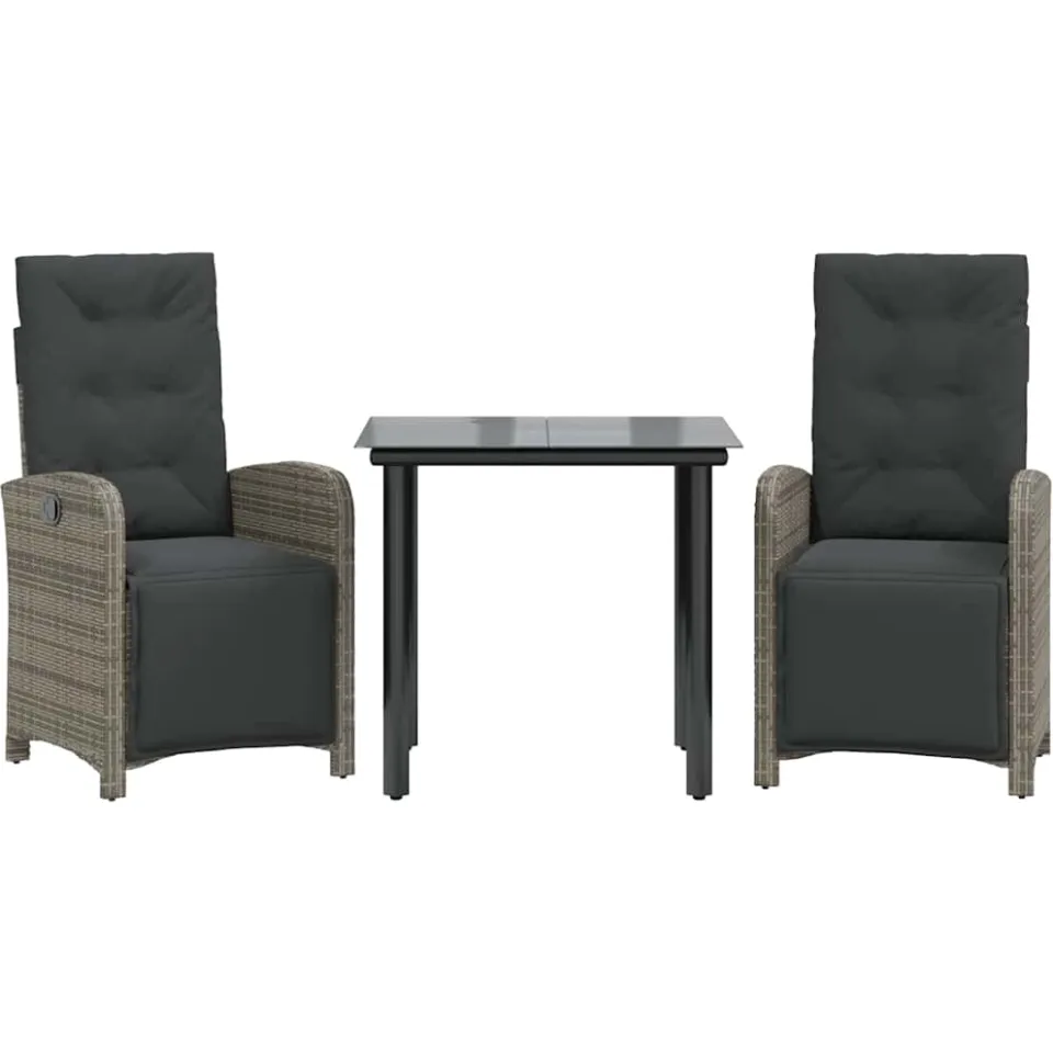 vidaXL 3-delige Bistroset met kussens poly rattan grijs, foto 3
