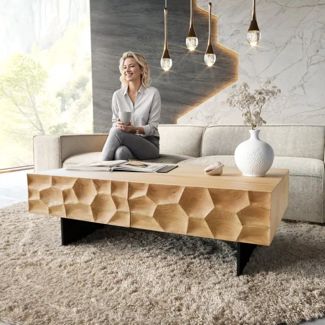 DELIFE Salontafel Solu 120 cm natuur eiken 4 Lades poot zwevend metaal zwart 3D Front natur