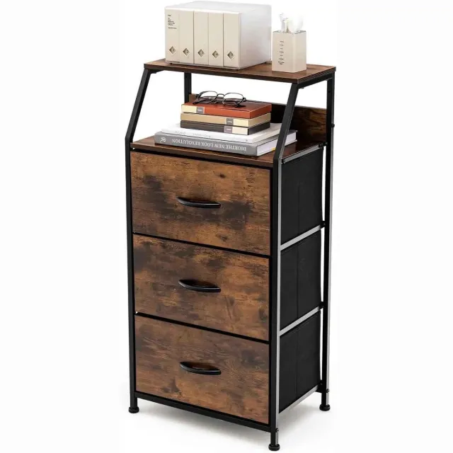 C. , R. E. CORE Nachtkast - Nachtkastje - Bedkastje - Metalen frame - Verstelbare voetsteun - 2 open houten planken - 3 stoffen lades - 45x29.5x92cm - Rustiek Bruin