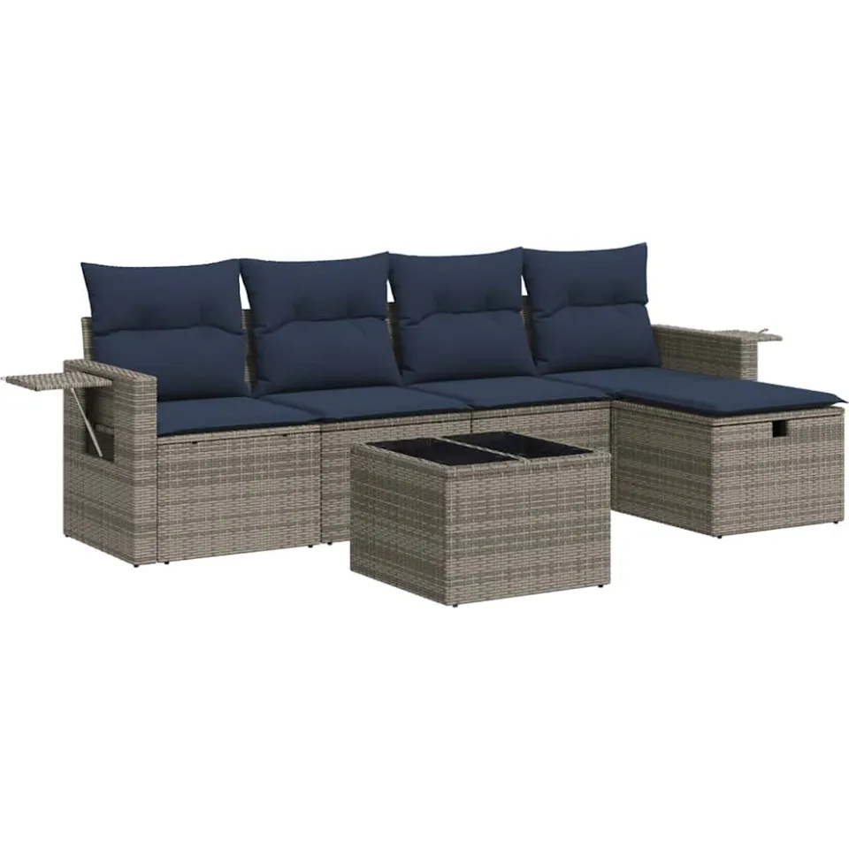 vidaXL 6-delige Loungeset met kussens poly rattan grijs, foto 3