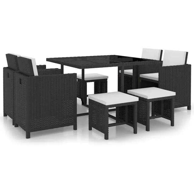 vidaXL 9-delige Tuinset met kussens poly rattan zwart