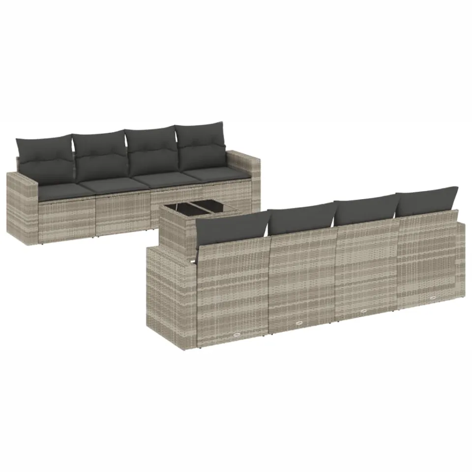 vidaXL 9-delige Loungeset met kussens poly rattan lichtgrijs grijs