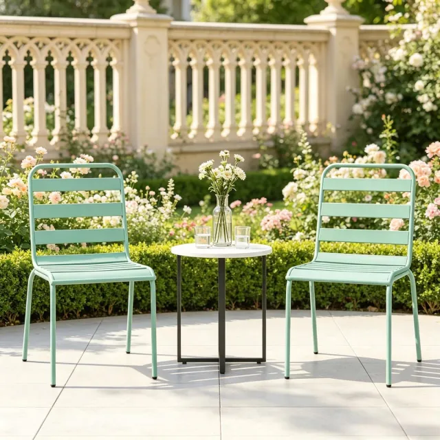 REDOM Stapelbare tuinstoel - Stalen frame - Verstelbare voetjes - Zonder armleuningen - Moderne stijl - Tuin, terras en balkon - Metaal - Groen - 46 x 58 x 78 cm