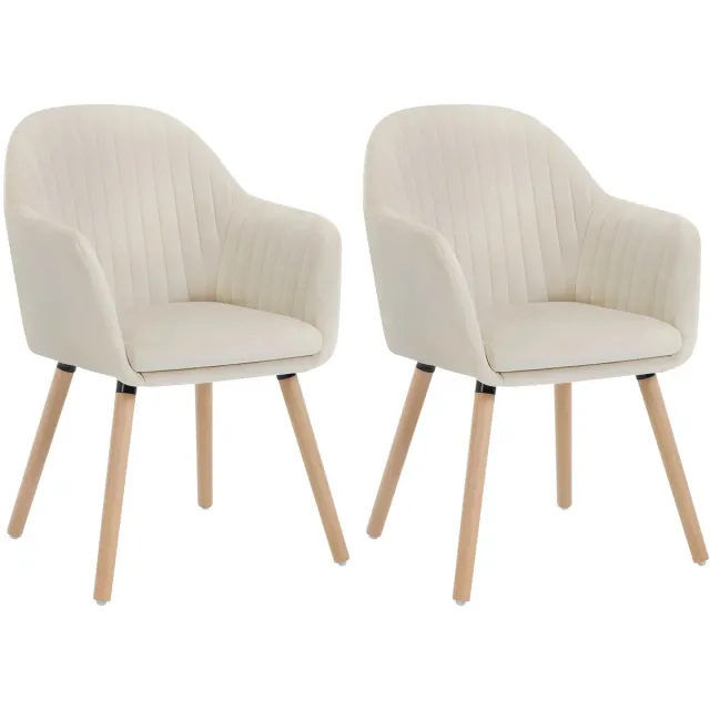 BukkitBow Set van 2 Eetkamerstoelen - Fluweel Met Armleuningen - Gestoffeerd & Houten Poten - Cremé / Wit