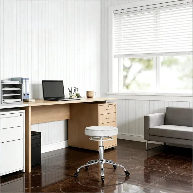 DESMIU Bureaukruk 49 x 49 x 46-58 cm - In Hoogte Verstelbaar En 360 Graden Draaibaar Met Wielen - Voor Kantoor En Salon - Kunstleer Metaal - Wit
