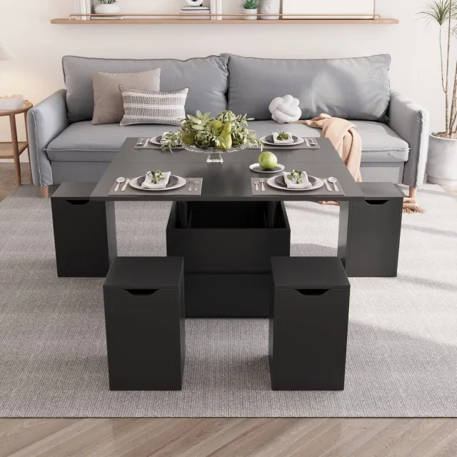 VOWNER in hoogte verstelbare salontafel, 4-in-1 multifunctionele salontafel, 4 stoelen zwarz