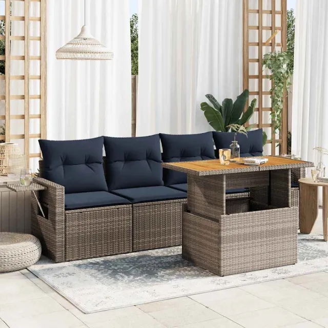 vidaXL 5-delige Loungeset met kussens poly rattan grijs, foto 2