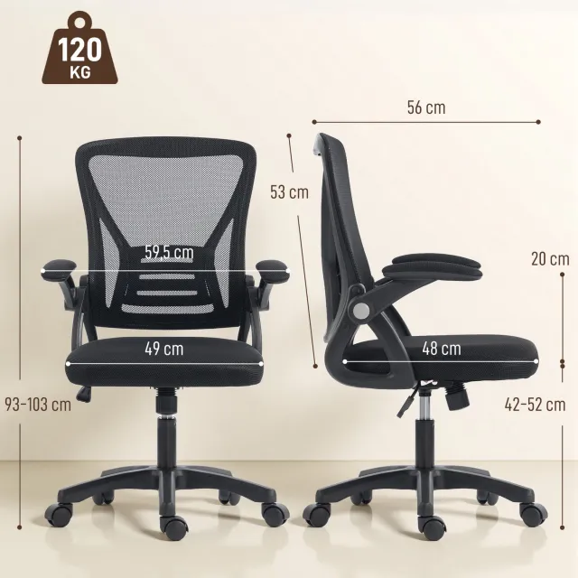 MUVANO Ergonomische bureaustoel - Opklapbare armleuningen - Netrug met lendensteun - 59,5 x 56 x 93-103 cm - Verstelbare zithoogte - Voor kantoor en thuiswerk zwart