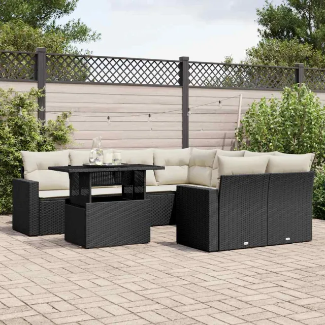 vidaXL 9-delige Loungeset met kussens poly rattan zwart, foto 2