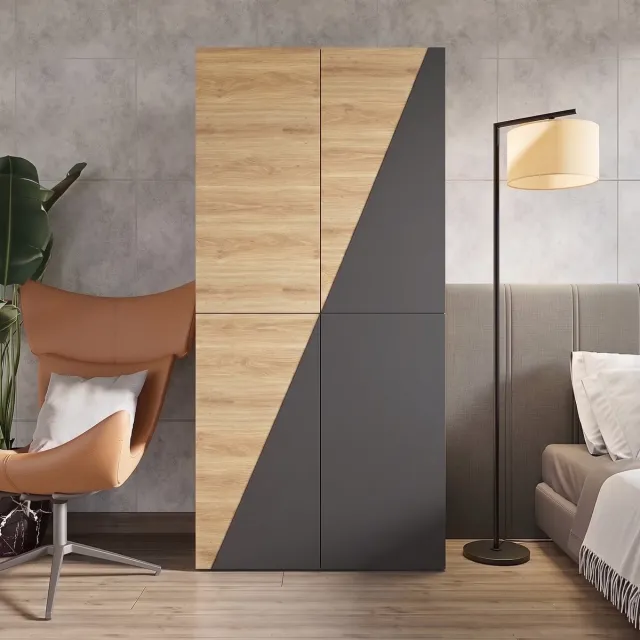Clruro Kledingkast - 90 x 50 x 200 cm - Broekenrek en Opbergbox - 2 Lades - MDF - Naturel/Grijs Hout