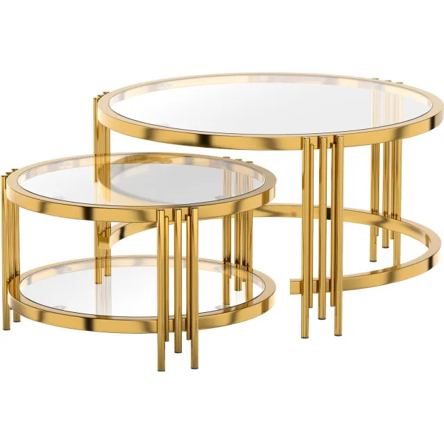 CHICFURN Salontafel Ø80 cm - 2-delige set - 2 niveaus - Rond - Woonkamer - Glas en metaal - Transparant goud