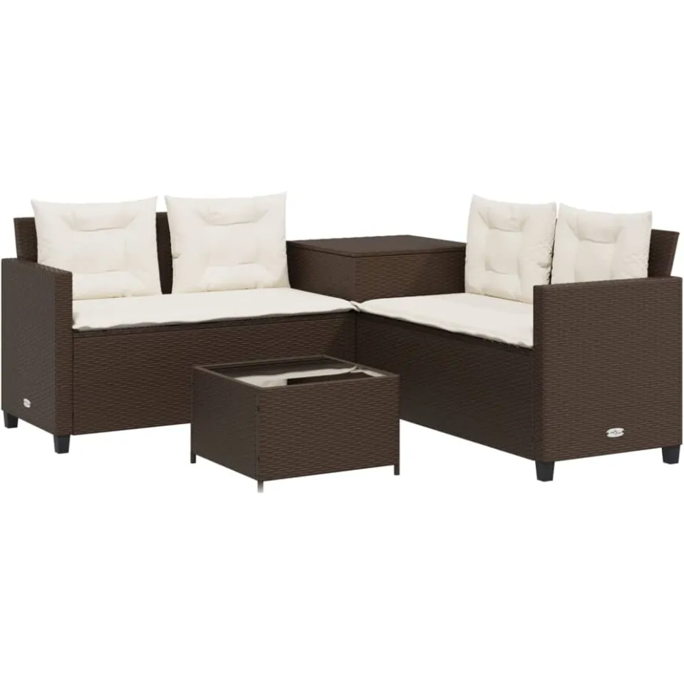 vidaXL Tuinbank met tafel en kussens L-vormig poly rattan bruin