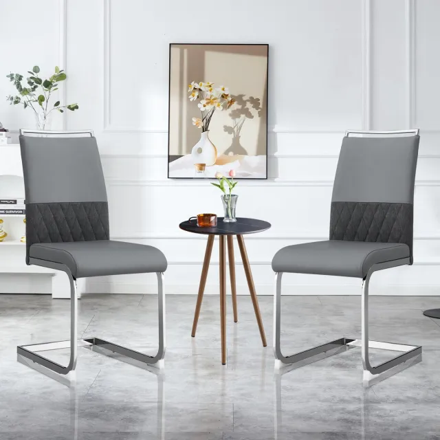 Welltin Eetkamerstoelen, set van 2, PU-leer en linnen rugleuning, hoge gestoffeerde stoel, horizontale strepen op de rugleuning, geschikt voor eetkamer, keuken, gastenkamer of kantoor, grijs