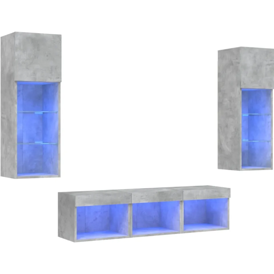vidaXL 5-delige Tv-wandmeubelset met LED bewerkt hout betongrijs grijs, foto 4